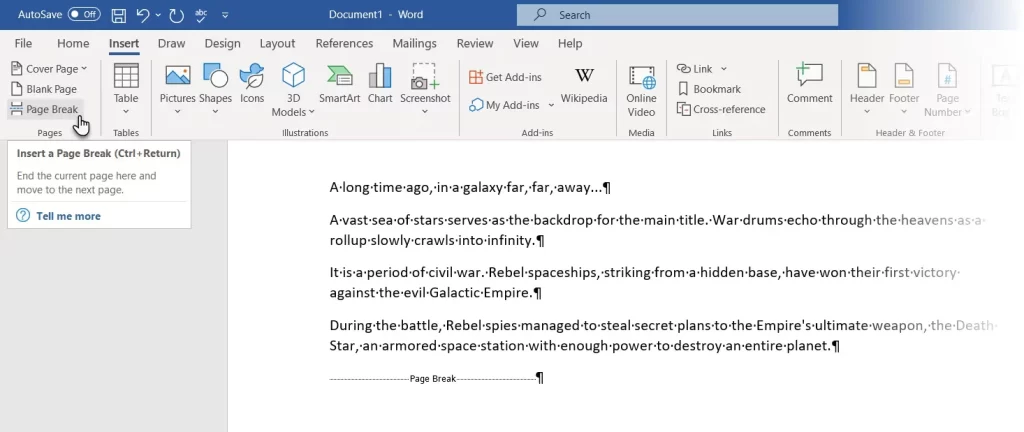 کلید Page Break در Microsoft Word