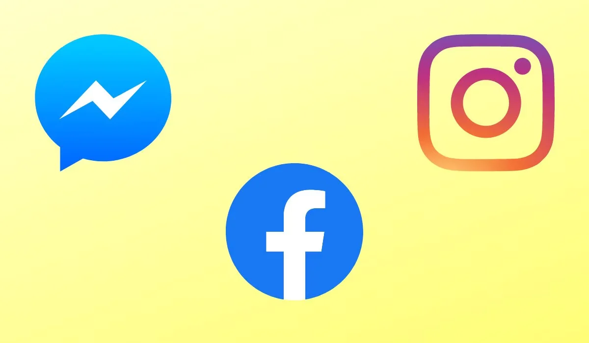 Facebook messenger, Facebook, and Instagram logos are seen on a yellow background