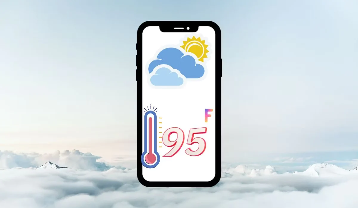 A graphic of a smartphone showing the weather is seen among clouds