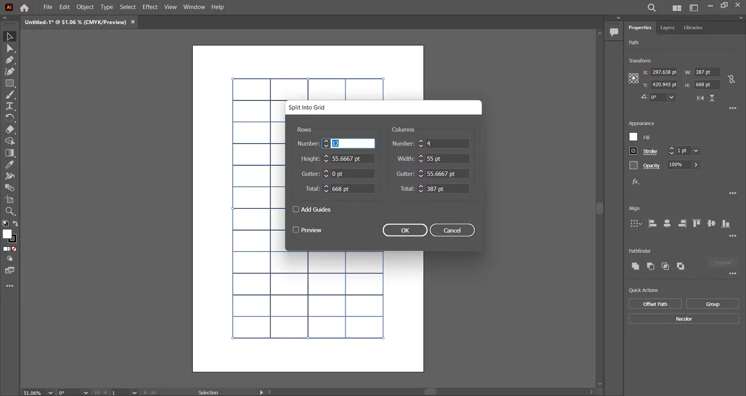 استفاده از تقسیم به شبکه برای ایجاد جدول در Adobe Illustrator