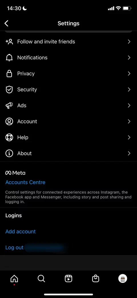 Instagram settings page on mobile