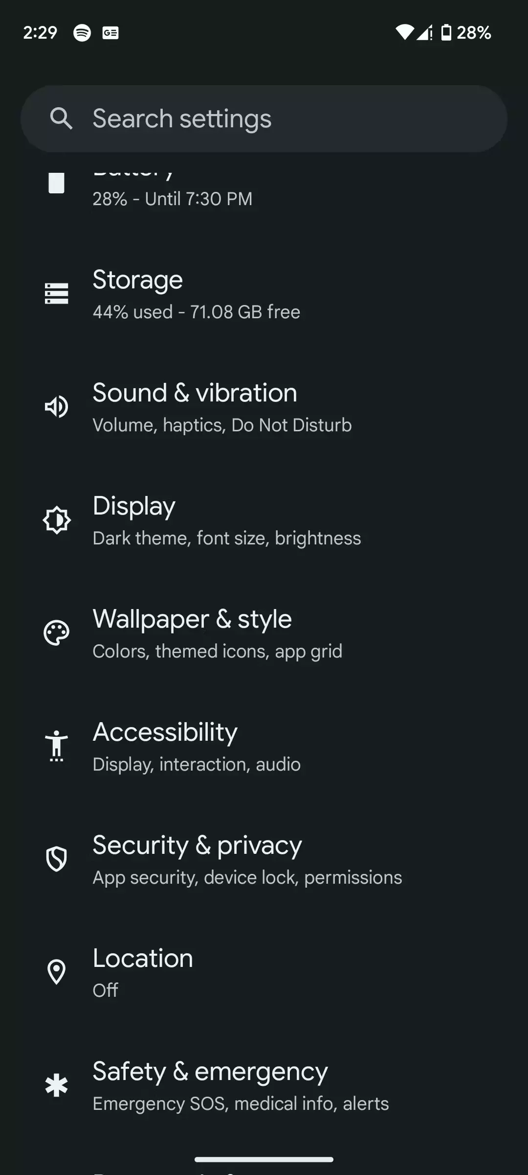 Android Settings app in version 14