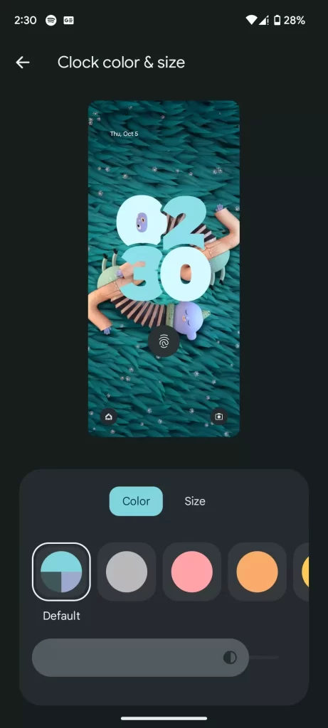 Android 14 clock color and size customization page
