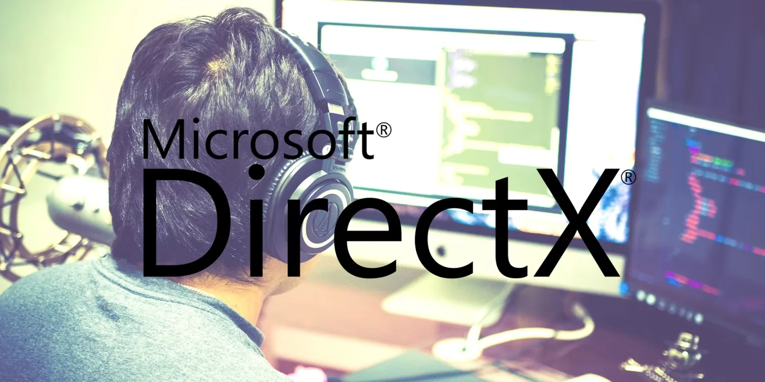 DirectX logo imposed on a photo of a man coding