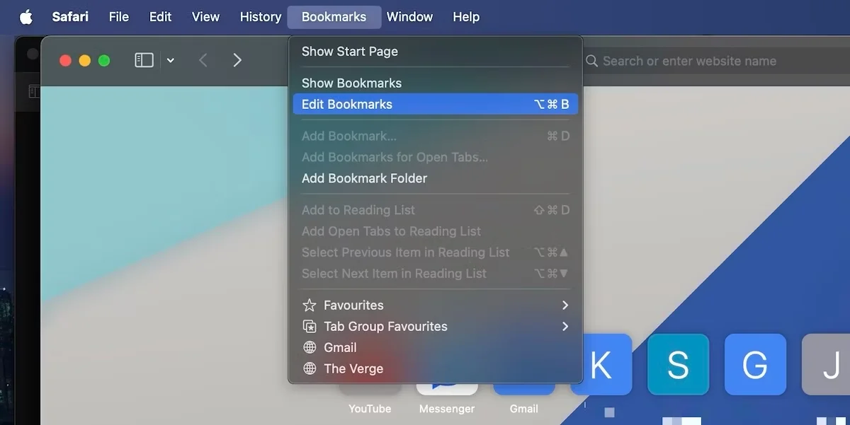 bookmarks menu on the Safari menu bar