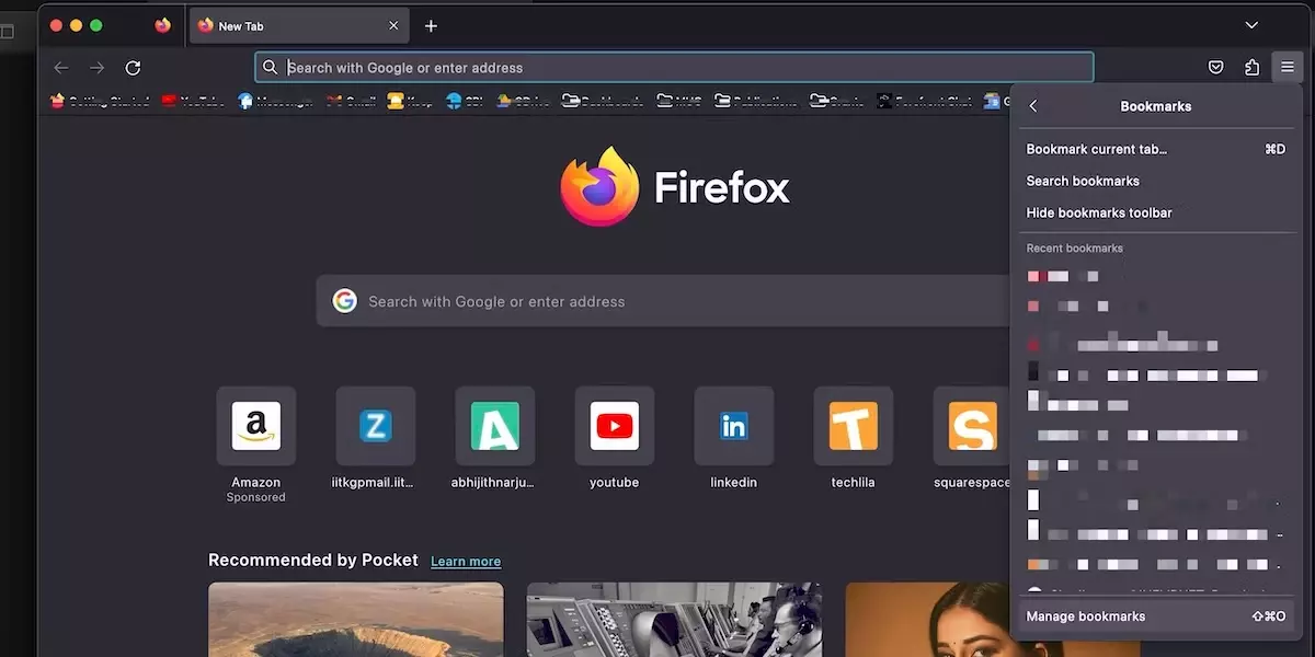 bookmarks submenu on the settings panel of Firefox
