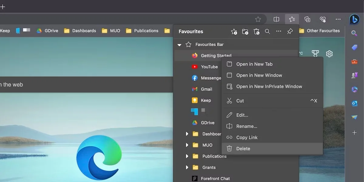 the favorites pane from context menu on Microsoft Edge