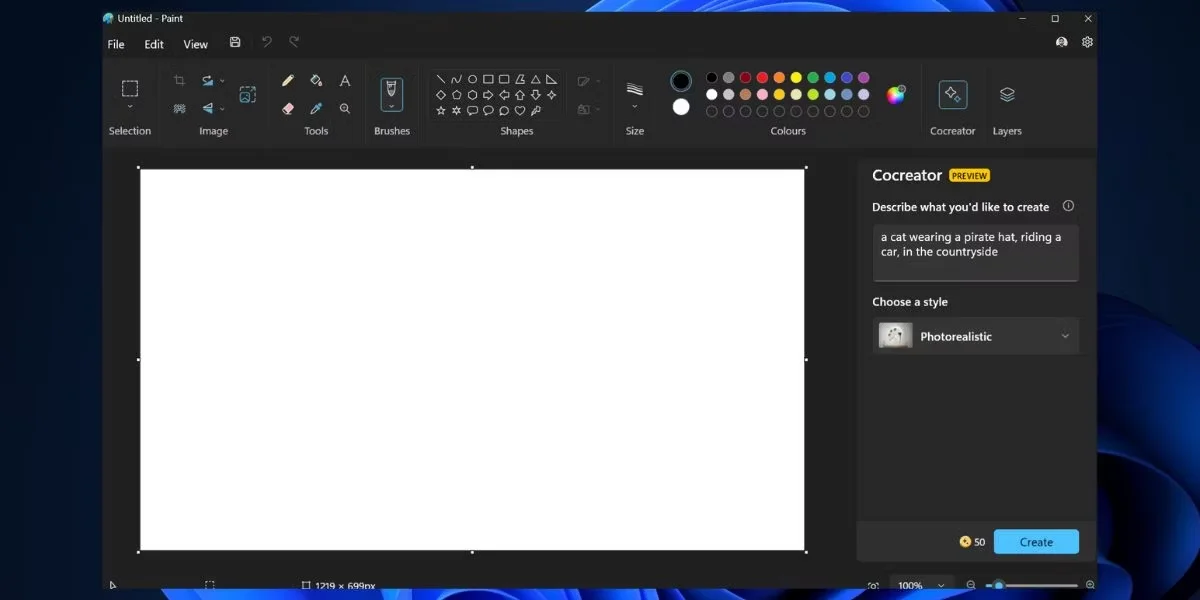 creating an image prompt in Paint cocreator