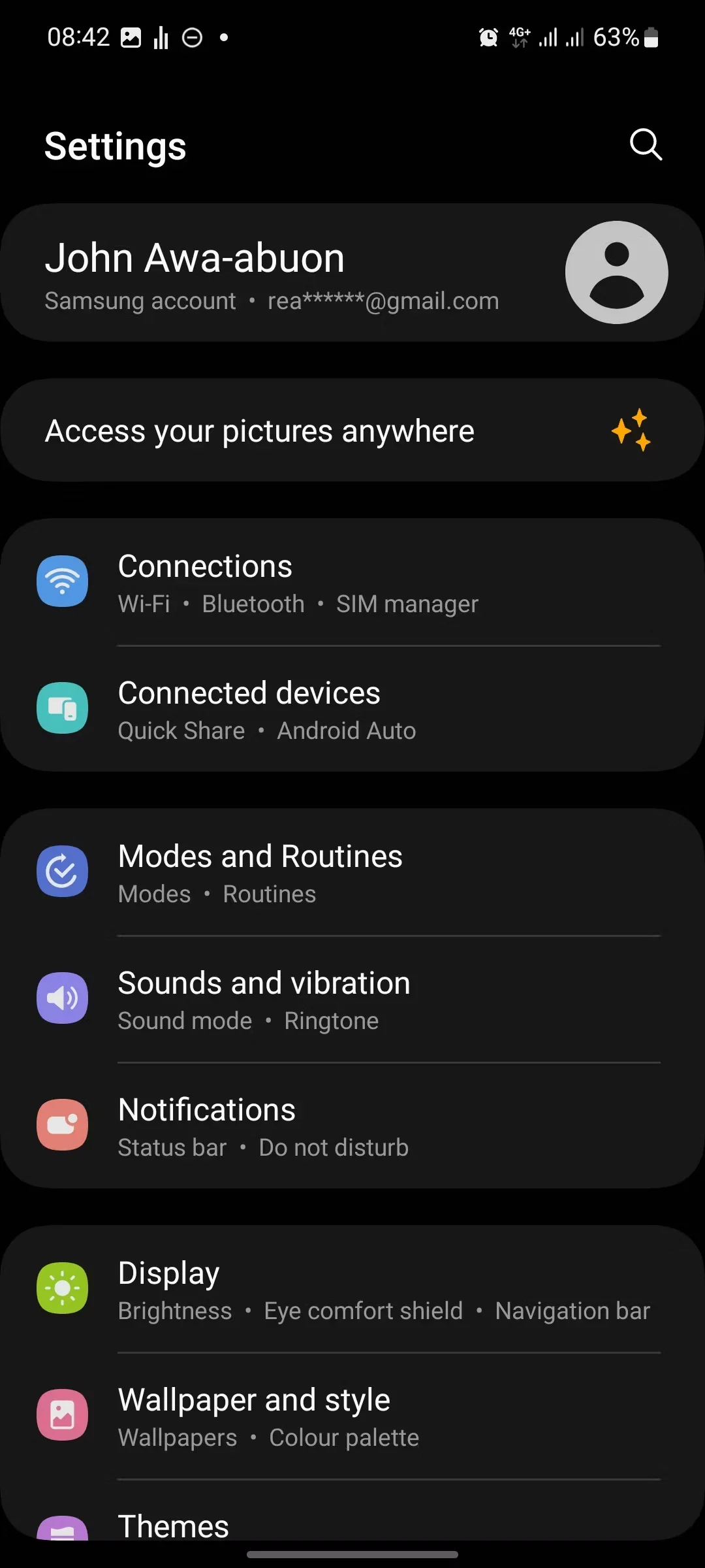 Settings page on a Samsung phone