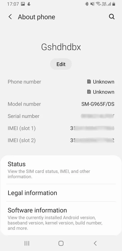 IMEI number shown on Samsung settings menu